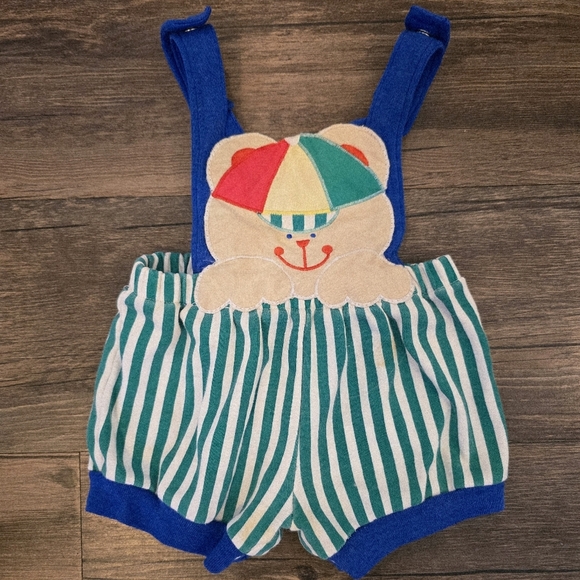 Vintage 3-6 Months Striped Bear Romper Green Blue Snap Closure - Picture 1 of 4